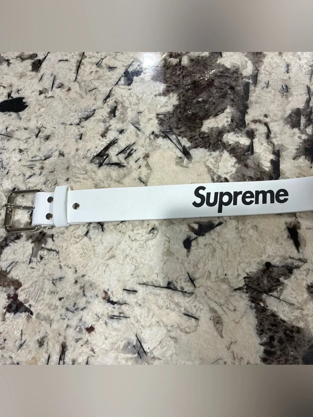Supreme White Belt with Black Logo and Silver Buckle